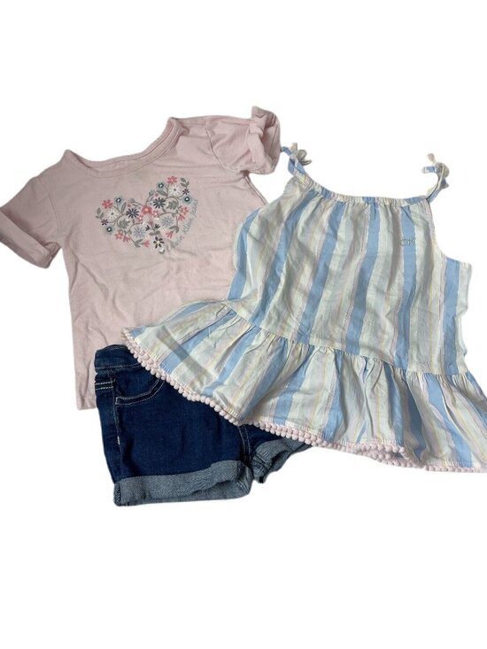 Calvin Klein Other - Calvin Klein Girls Size 4T 3-Piece Outfit Pink T-Shirt Blue Shorts Striped Top